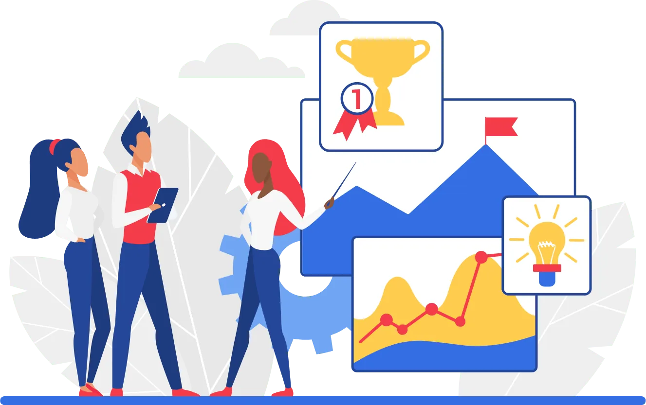 Illustration of a team reviewing growth charts and an award